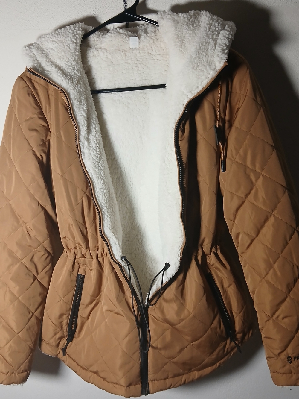 Free People Women’s Quilted Hooded Reversable Jacket with Sherpa Lining - Camel